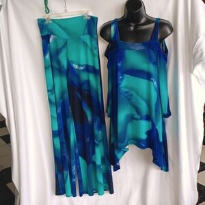 Clara Sun Woo Tie Dye Palazzo Pants Baggy Stretch Pants & Cold Shoulder Tunic